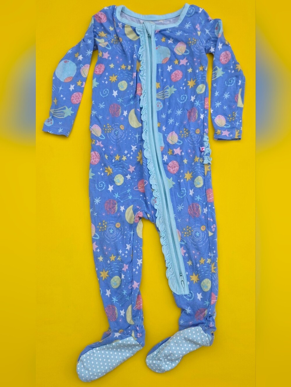 Ruffle Butts Blue Space-Print Footed One-Piece with Ruffle Zipper Size 6-12m